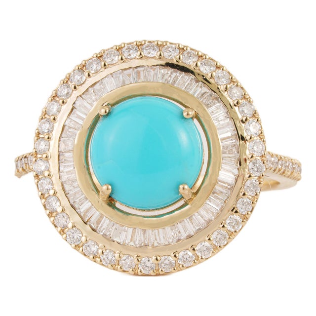Art Deco Revival 1.52ct Round Turquoise & Diamond Halo Ring Size 4 in 14k Yellow Gold For Sale