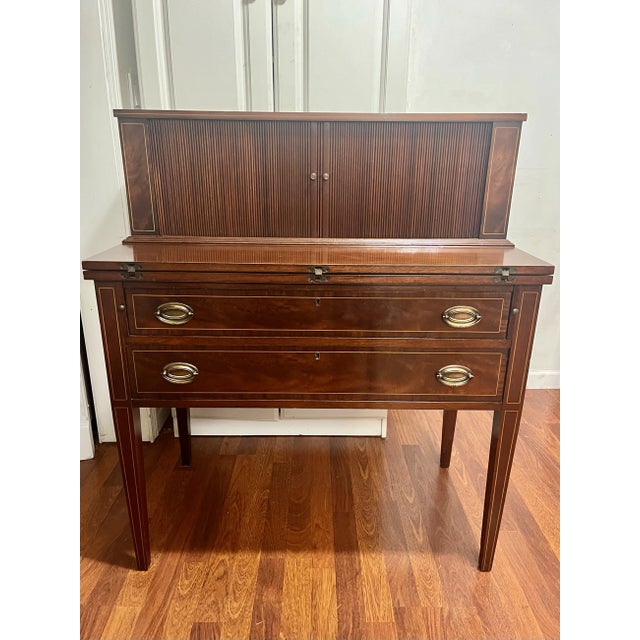 Wood Hepplewhite Inlaid Tambour Writing Desk Vintage Maddox For Sale - Image 7 of 8