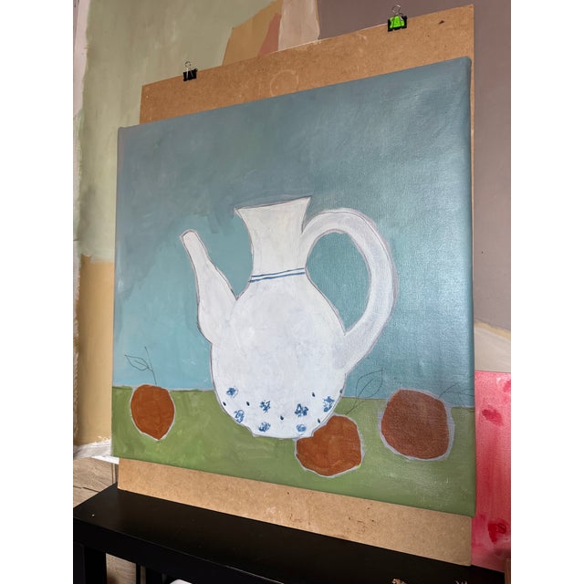 Modern Tina Shenk. Still Life Painting 27.6" X 27.6", White Teapot, Orange Fruit, Modern Teal & Green Still Life, Handmade Canvas For Sale - Image 3 of 4
