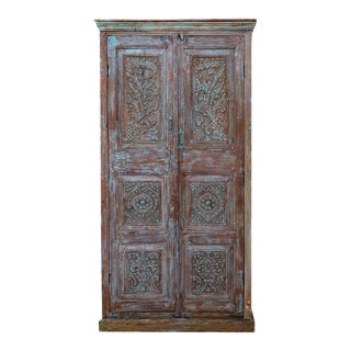 Rustic Shabby Chic Armoire in Blue Hues and Brass Studs For Sale