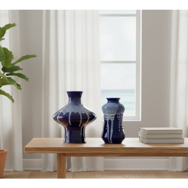 Mid-Century Blue Ceramic Vases from Kravsko, Former Czechoslovakia, 1970s, Set of 2 For Sale - Image 9 of 10