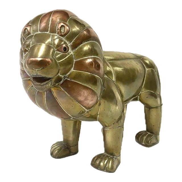 Brass and Copper Lion Sculpture For Sale