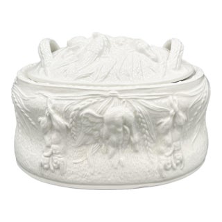 Vintage English Portmeirion White Relief Covered Serving Bowl | Oven-to-Table Dish - Cottagecore, European Countryside For Sale