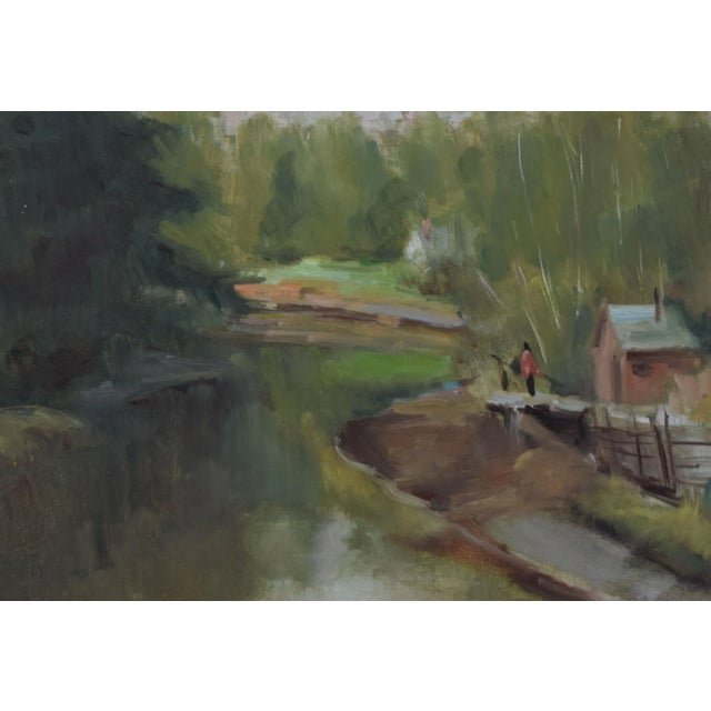 Mid 20th Century Vintage American Impressionist Landscape Oil Painting With Lake by Harry Barton For Sale - Image 5 of 8