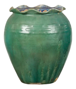 Antique Vietnamese or Chinese Green Glazed Vase with Scalloped Lip