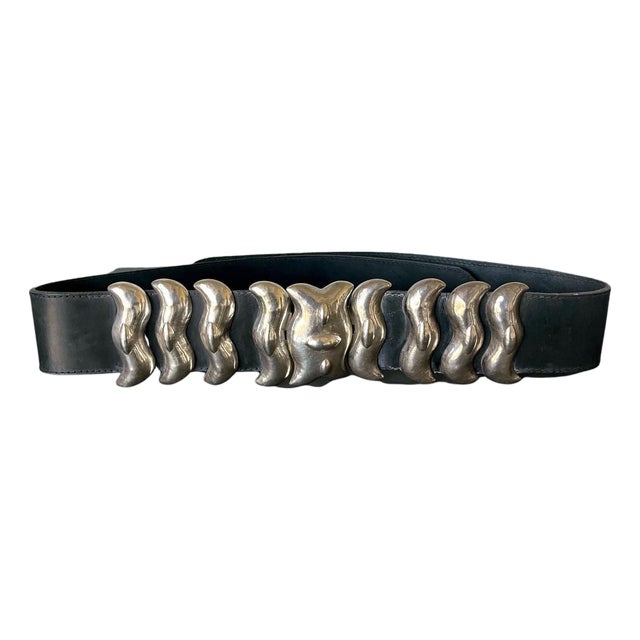 Bespoken Leather Belt with Sculptural Sterling Buckles Graziella Laffi For Sale