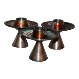 1930s Signed & Stamped Maison Bagues Enameled French Art Deco Candle Holders - Set of 3 For Sale