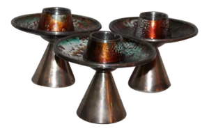 1930s Signed & Stamped Maison Bagues Enameled French Art Deco Candle Holders - Set of 3