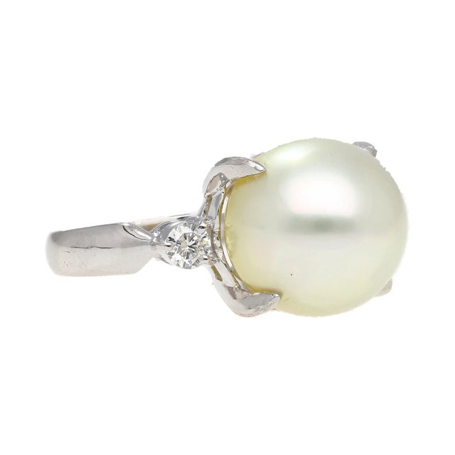 Modern 12.5mm South Sea Pearl and Diamond Platinum Three Stone Ring For Sale - Image 3 of 8