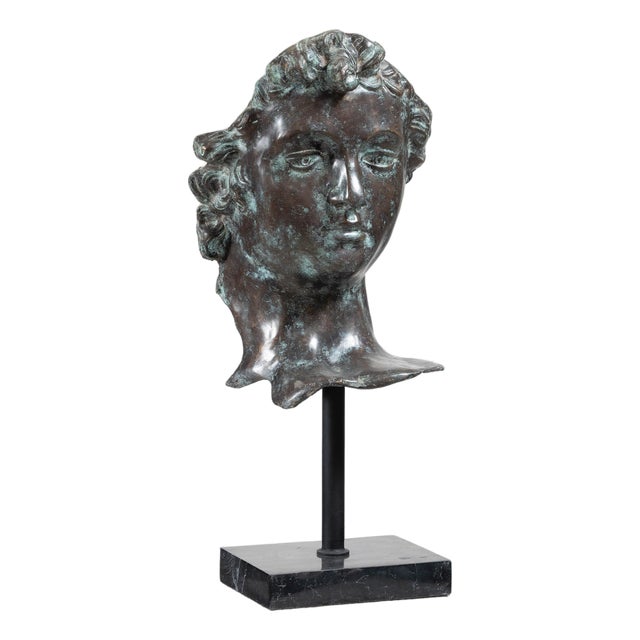 Bronze Renaissance-Inspired David Head Sculpture on Black Marble Base For Sale