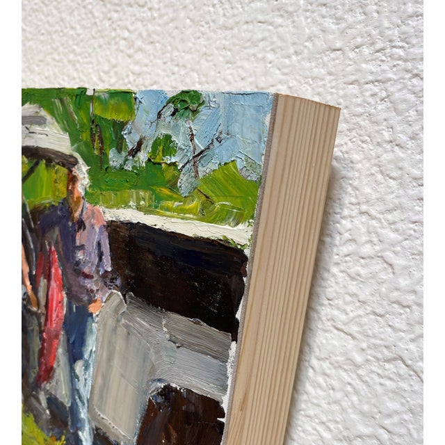 Contemporary Waiting for the Train by Clyde Steadman | Oil Painting of people gathered by vehicles in a field For Sale - Image 3 of 3