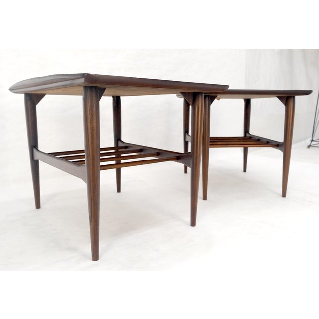 Pair American Mid Century Modern Walnut Rolled Edges End Side Tables MINT!