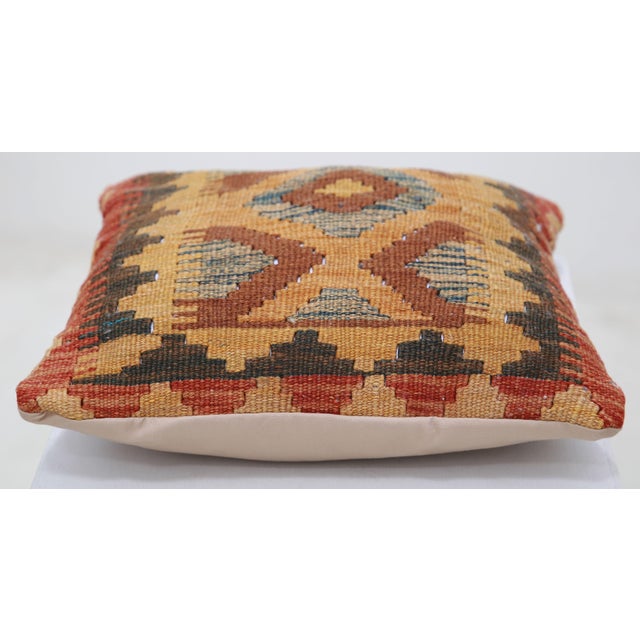 Tribal Arteverk Handwoven Afghan Kilim Pillow — Gold & Rust Diamonds For Sale - Image 3 of 3