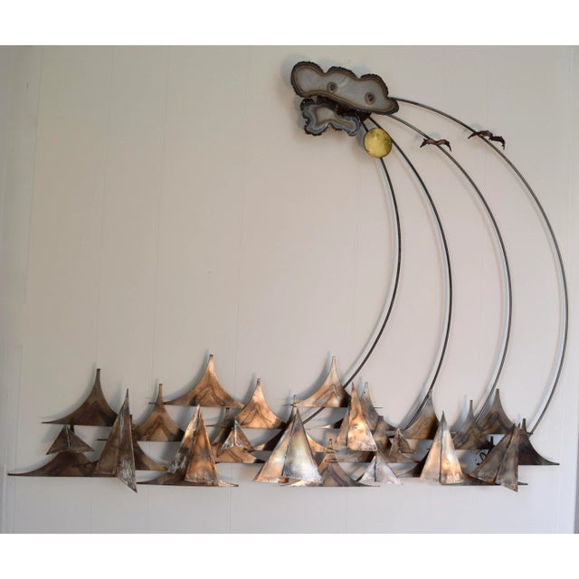 Mid-Century Modern Mixed Metals Wall Sculpture of Racing Sailboats, 1983 For Sale - Image 3 of 6