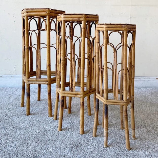 1980s Boho Chic Hexagonal Tortoise Shell Bamboo Nesting Pedestals For Sale - Image 5 of 11