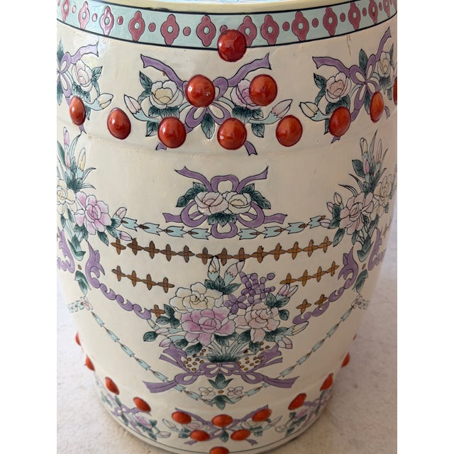 Late 20th Century Chinoiserie Chinese Export Ivory Ground Famille Rose Porcelain Garden Stools-Pair For Sale In Naples, FL - Image 6 of 12