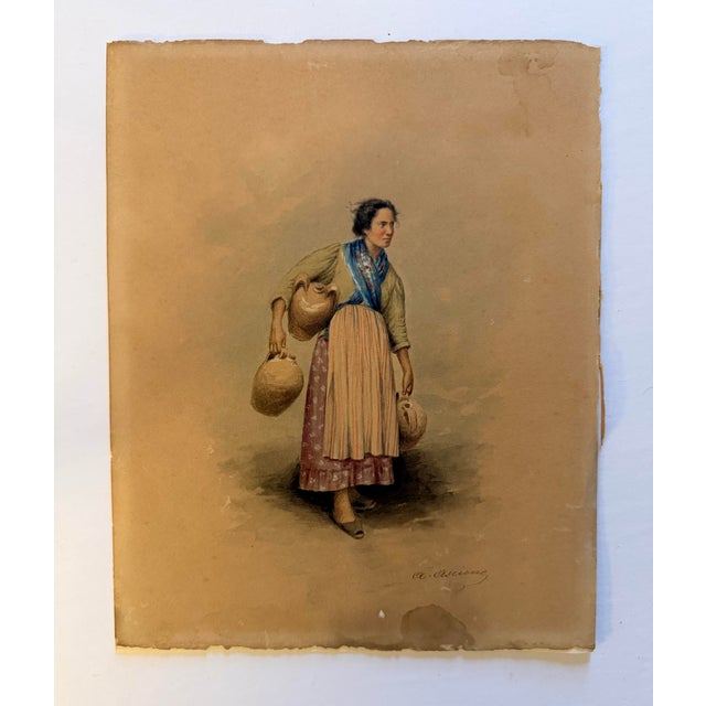 This is an extremely rare smaller watercolor painting by Italian artist Aniello Ascione. This unique figure painting of a...