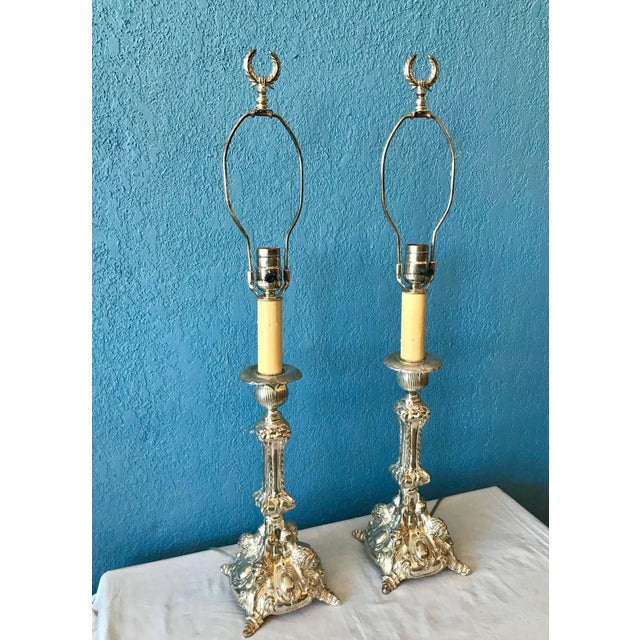 Traditional Pair of Continental Silvered Lamps For Sale - Image 3 of 13