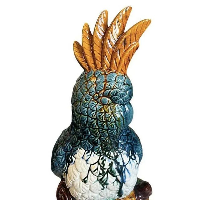 Large Mid 20th Century Ceramic Parrot Bird Sculpture in Blue and Orange Polychrome Majolica For Sale - Image 4 of 7