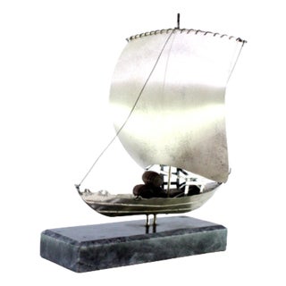 Silver Rabelo Boat with Wooden Pipe Applications and Marble Base For Sale