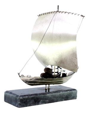 Silver Rabelo Boat with Wooden Pipe Applications and Marble Base