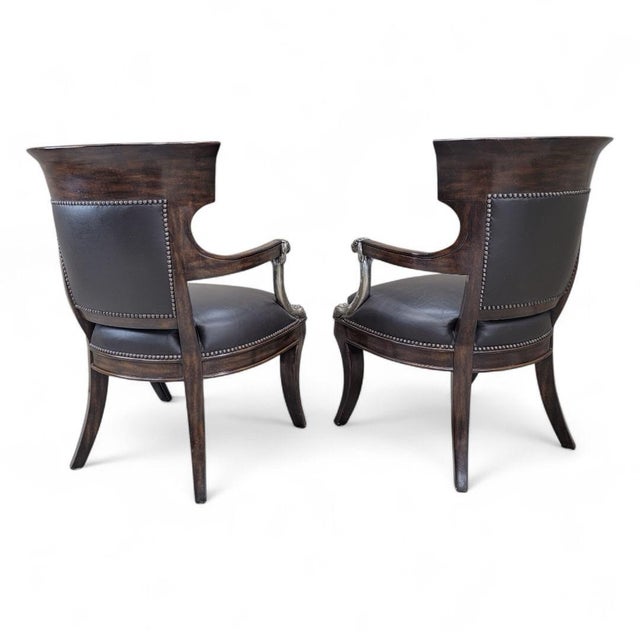 Mid 20th Century Vintage George IV English Regency Style Black Leather Chairs With Metal Lion Head Arms - Pair For Sale - Image 5 of 11