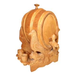 Hand Carved Vintage Wood Moonshine Shot Wine Barrel Dispenser Sculpture Folk Art For Sale
