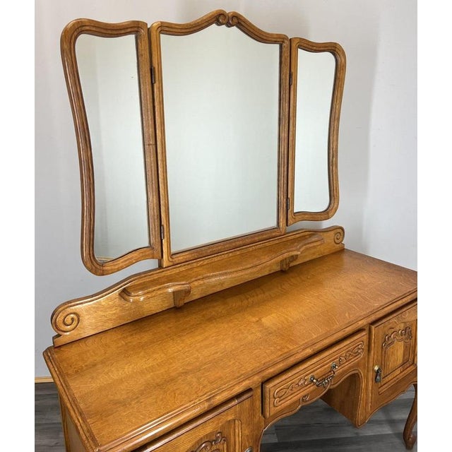 Vintage French Louis Style Oak Dressing Table with Mirror For Sale - Image 3 of 14