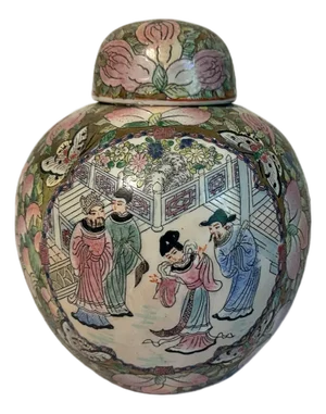 Vintage Chinoiserie Rose Famille Hand Painted Chinese Ginger Jar