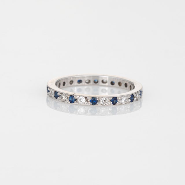 1990s Diamond Sapphire Eternity Ring Size 4.75 Vintage 14k White Gold Band Fine Jewelry For Sale - Image 5 of 5