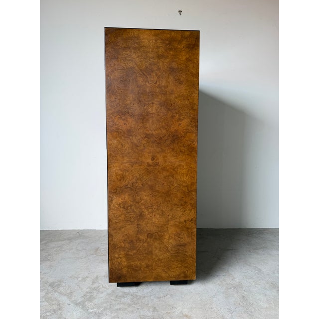 Brown 1970’s Vintage John Widdicomb Campaign Burled Wood Highboy Dresser on Casters With Recessed Brass Hardware For Sale - Image 8 of 13