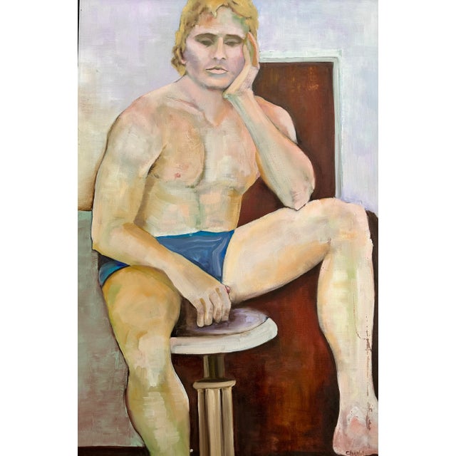 1980s abstract portrait of a man in pastel shades of purple, nude and blue. Signed “Charlotte” and framed in wood.