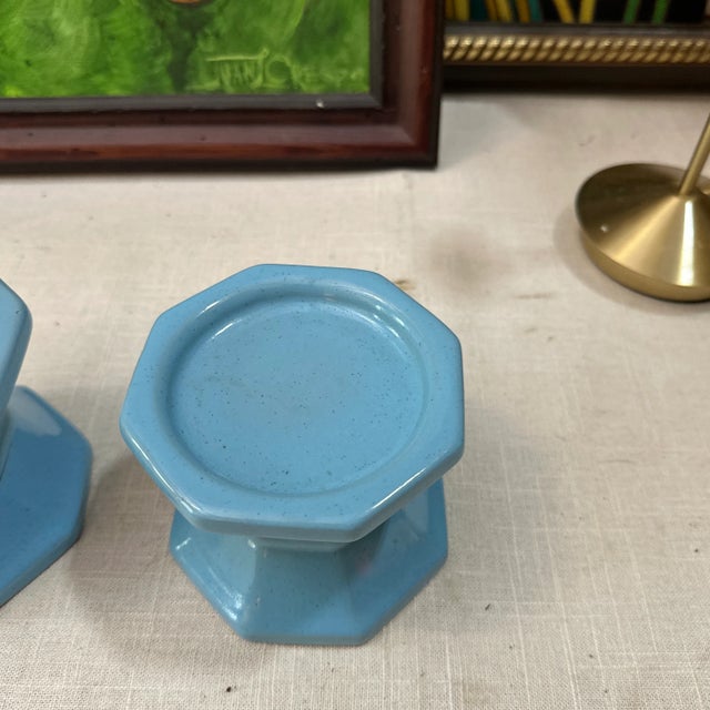 Pair of 1970s Blue Frankoma Lazy Bones Ceramic Candle Holders For Sale - Image 4 of 7