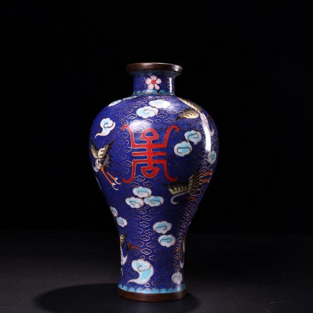 Vintage Chinese Cloisonné "Longevity Crane" Vase With Dragon Lacquer Box For Sale - Image 4 of 10