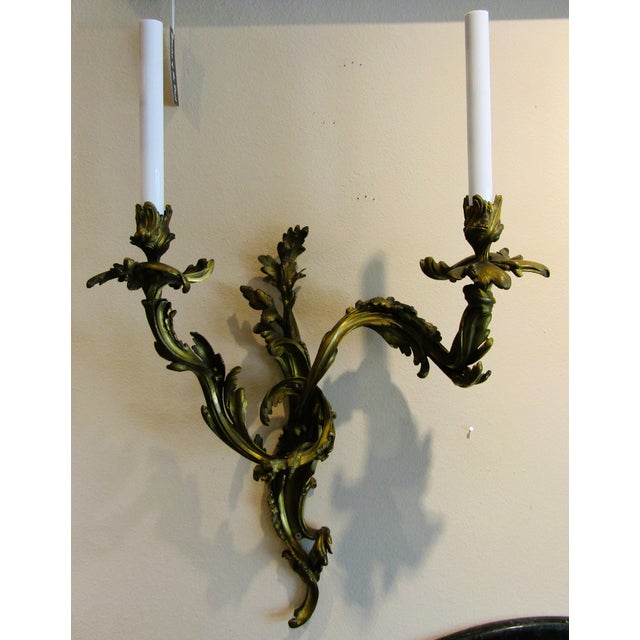 French Antique Pair French 19th Century Louis XV Gilt Bronze Two Light Wall Sconces For Sale - Image 3 of 18