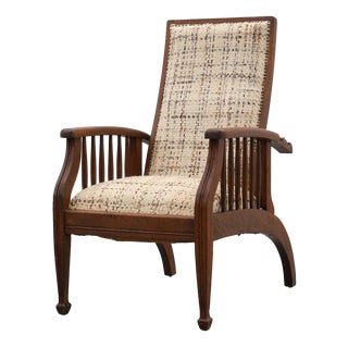 Arts & Craft Oak Armchair with Spindle Sides and Tweed Upholstery, Belgium, 1920s For Sale