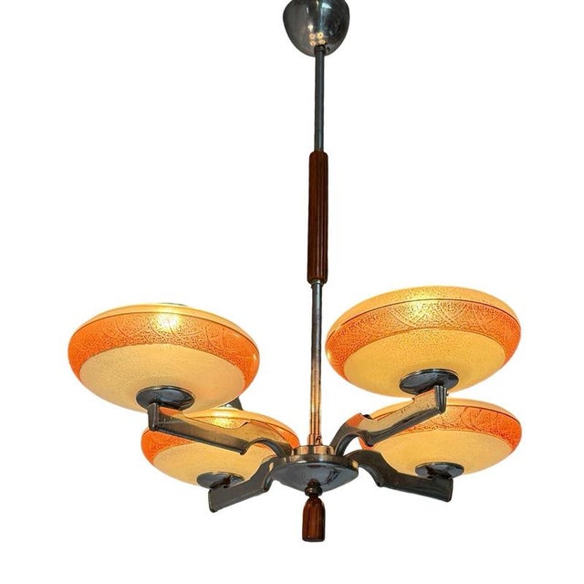 Art Deco Frosted Glass, Bakelite and Chromed Metal 4-Light Chandelier, Former Czechoslovakia, 1930s For Sale - Image 11 of 11