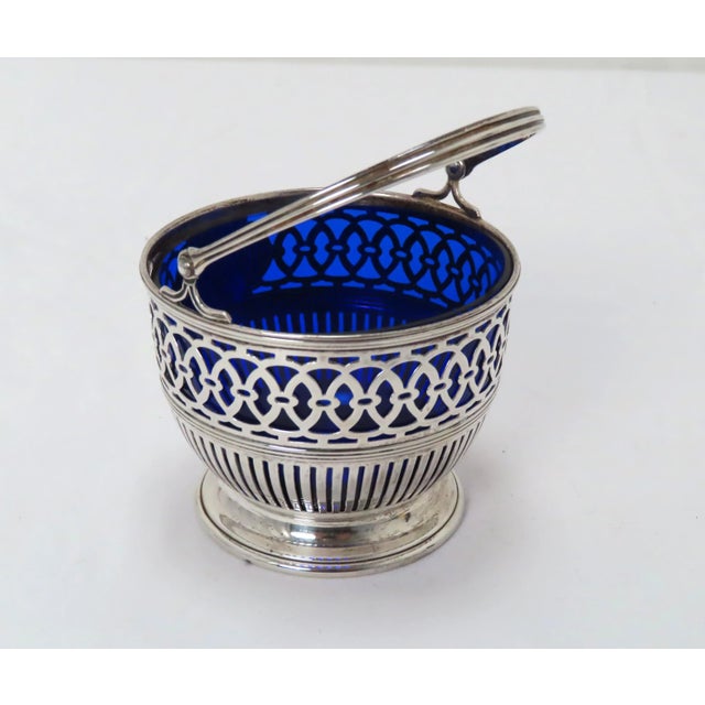Early 20th Century Antique Edwardian Sterling Silver With Cobalt Glass Nuts & Candy Basket For Sale - Image 5 of 13