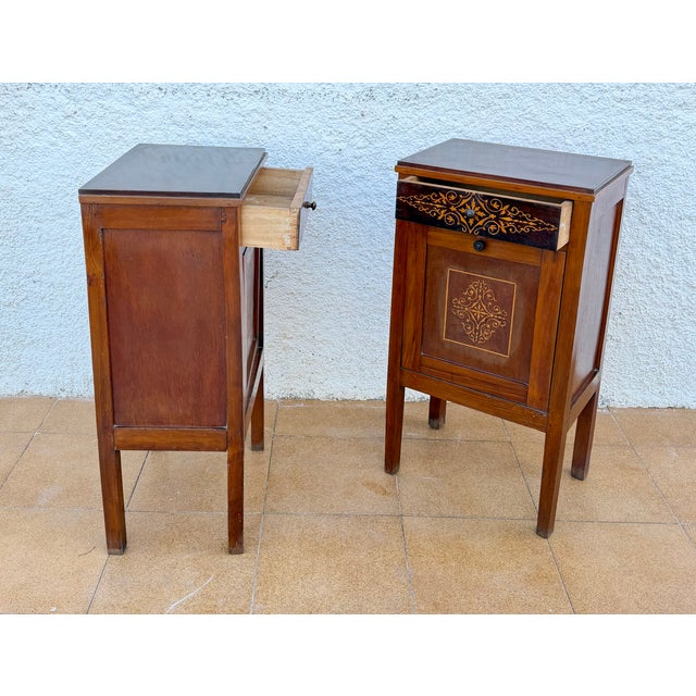 Wood French Marquetry Bedside Cabinets with Inlaid Decoration, 1940, Set of 2 For Sale - Image 7 of 10