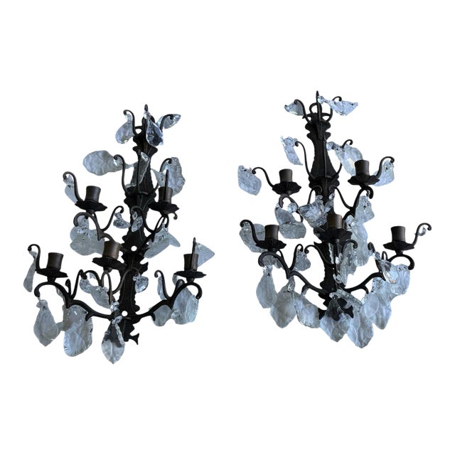 Antique Pair 1920s 5 Arm Candelabra French Italian Rustic Wall Sconces Ornate Wrought Iron W/Crystals For Sale