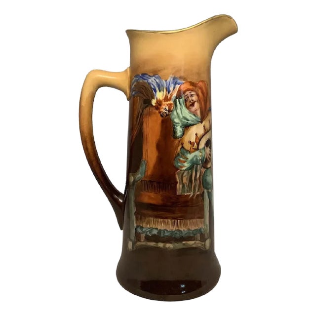 Early 20th Century Limoges Jean Pouyat Hand Painted Tankard: Jester & Parrot For Sale