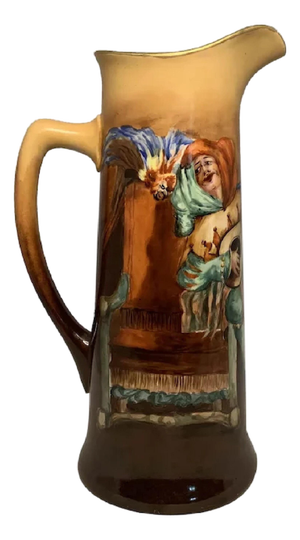 Early 20th Century Limoges Jean Pouyat Hand Painted Tankard: Jester & Parrot