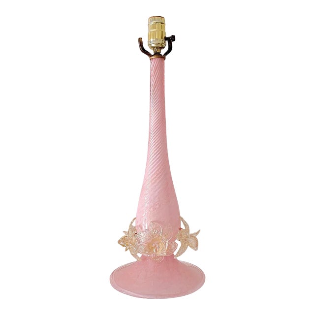 1950s Barovier & Toso Murano Glass Table Lamp – Pink & Gold Flecked With Sculpted Flowers For Sale