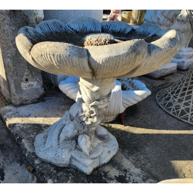 Sculpture Materials Vintage Boho Cast Concrete Flower Bird Bath For Sale - Image 7 of 10