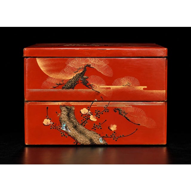 Japanese Antique Red Lacquered Snack Keepsake Box Hand Painted 2-Tier For Sale - Image 10 of 17
