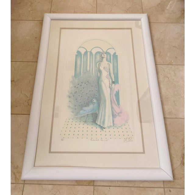 A unique pastel mixed media work of art by Mary Vickers. Beautiful slender woman in a long slip dress with a Peacock...