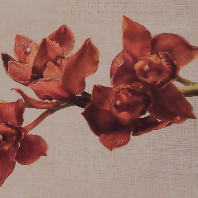 Cymbidium Orchids II by Narelle Zeller | Oil Painting of red cymbidium orchids on a branch For Sale In Denver - Image 6 of 7