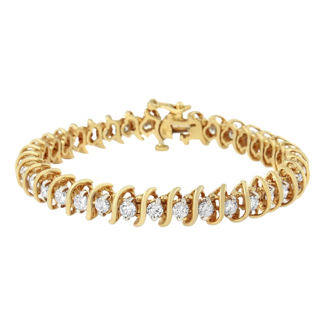 AGS Certified 18K Yellow Gold 5.00 Cttw "S" Link Wrapped 2-Prong Set Round Brilliant Diamond Tennis For Sale