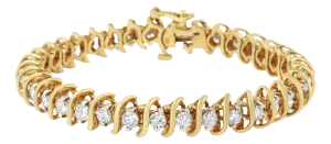 AGS Certified 18K Yellow Gold 5.00 Cttw "S" Link Wrapped 2-Prong Set Round Brilliant Diamond Tennis
