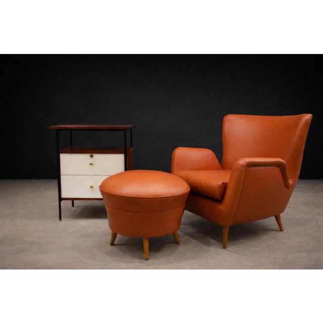 An elegant armchair and ottoman designed by Carlo Hauner in 1950s Brazil—an expression of early Brazilian Modernism where...